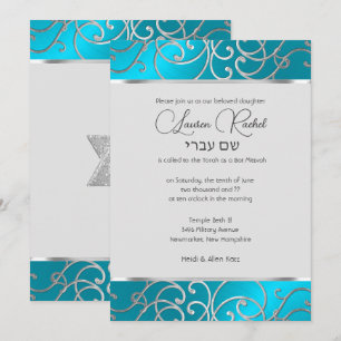 Bat Mitzvah Elegant Turquoise Blue Silver Filigree Invitation