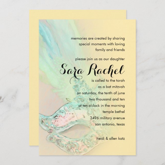 Bat Mitzvah Elegant Yellow and Aqua Masquerade Invitation (Front/Back)