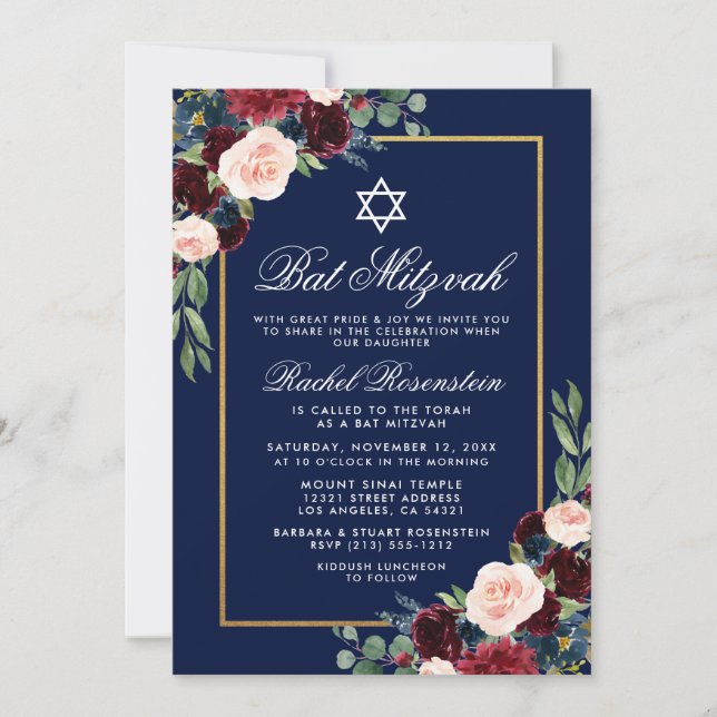 Bat Mitzvah Floral Burgundy Blue Gold Invitation (Front)