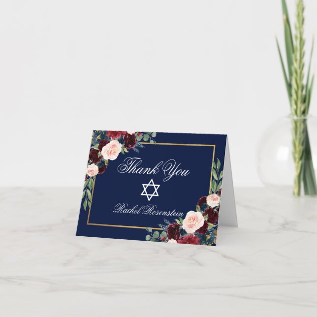 Bat Mitzvah Floral Burgundy Blue Gold Note Thank You Card (Front)