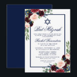 Bat Mitzvah Floral Burgundy Blue Invitation<br><div class="desc">Bat Mitzvah Watercolor Burgundy Marsala Blue Floral Invitation Card</div>