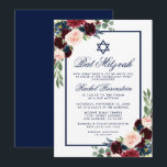 Bat Mitzvah Floral Burgundy Blue Invitation<br><div class="desc">Bat Mitzvah Watercolor Burgundy Marsala Blue Floral Invitation Card</div>