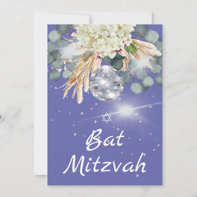 Bat Mitzvah Floral  Disco Ball  Purple Invitation (Back)