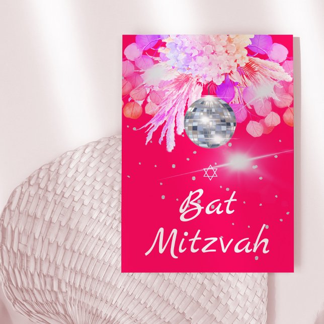 Bat Mitzvah Floral Pink Disco Ball Invitation (Creator Uploaded)
