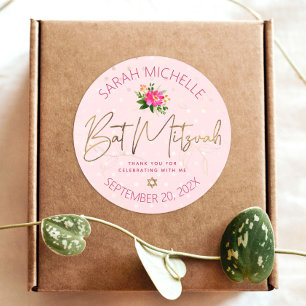 Bat Mitzvah Floral Pink Watercolor Gold Script Classic Round Sticker