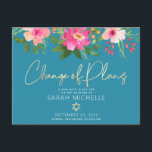 Bat Mitzvah Floral Watercolor Gold Script Blue  Invitation Postcard<br><div class="desc">Make sure all your friends and relatives will still be able to celebrate your daughter’s milestone Bat Mitzvah, regardless of current global unforeseen circumstances. Send out this chic, personalised “Change of Plans” announcement postcard. A chic, stunning, pink and peach floral watercolor with faux gold foil script typography and modern white...</div>
