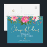 Bat Mitzvah Floral Watercolor Gold Script Blue  Invitation Postcard<br><div class="desc">Make sure all your friends and relatives will still be able to celebrate your daughter’s milestone Bat Mitzvah, regardless of current global unforeseen circumstances. Send out this chic, personalised “Change of Plans” announcement postcard. A chic, stunning, pink and peach floral watercolor with faux gold foil script typography and modern white...</div>