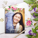 Bat Mitzvah Floral Watercolor Script Custom Photo Thank You Card<br><div class="desc">Make sure your favourite Bat Mitzvah shows her appreciation to all who supported her milestone event! Send out this sophisticated, personalised thank you card! A chic, stunning, pink and peach floral watercolor with white script typography and modern sans serif type overlay the photo of your choice. Additional watercolor flowers and...</div>