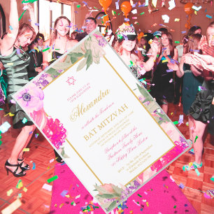 Bat Mitzvah Floral White Gold Colour Hebrew Jewish Invitation