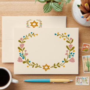 BAT MITZVAH Floral Wreath STAR w Return Address Envelope