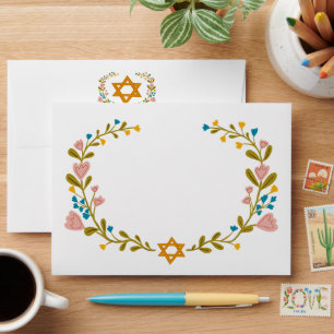 BAT MITZVAH Floral Wreath STAR w Return Address Envelope