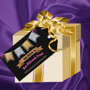 Bat Mitzvah Gift Tag Custom Gold Pink Black     