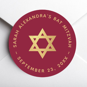 Bat Mitzvah Girl Faux Gold Star of David Burgundy Classic Round Sticker