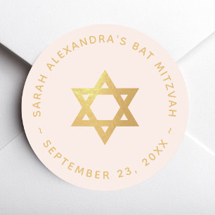 Bat Mitzvah Girl Pink Faux Gold Foil Star of David Classic Round Sticker