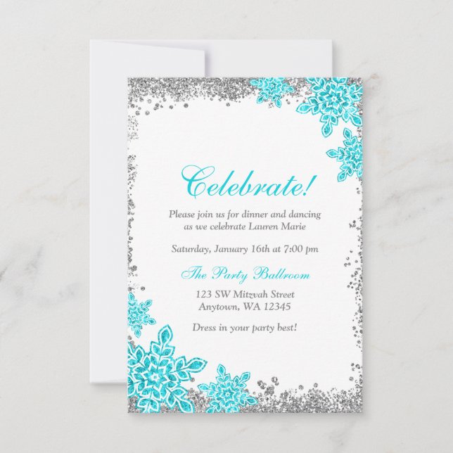 Bat Mitzvah Glam Winter Wonderland Teal Reception Invitation (Front)