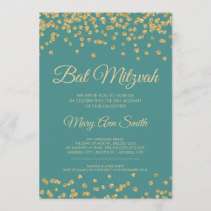 Bat Mitzvah Gold Faux Glitter Confetti Teal Invitation