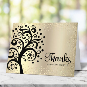 Bat Mitzvah Gold Foil Black Tree of Life Script  Thank You Card