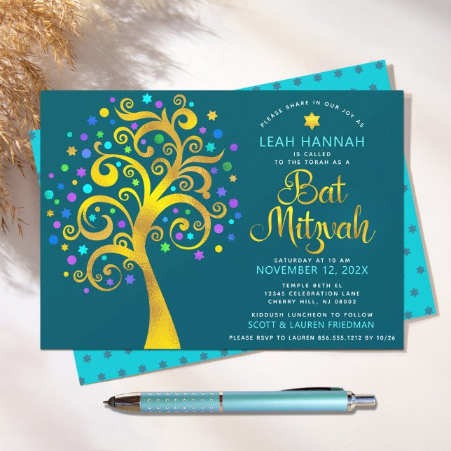 Bat Mitzvah Gold Foil Modern Tree of Life on Teal Invitation (Creator Uploaded)