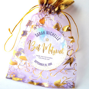 Bat Mitzvah Gold Foil Script on Purple Watercolor Classic Round Sticker