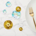 Bat Mitzvah Gold Foil Script Turquoise Watercolor Confetti<br><div class="desc">Add some extra style to your favourite Bat Mitzvah’s celebration party with this customisable table confetti! Stunning, modern, sparkly gold faux foil handwritten script, Star of David and tiny dots against a turquoise blue watercolor background on one side mix with a white Star of David over a faux gold foil...</div>