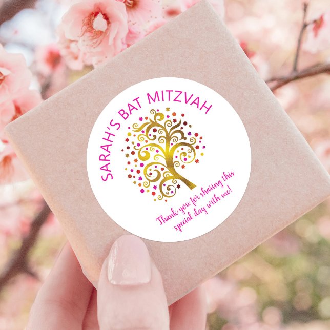 Bat Mitzvah Gold Foil Tree of Life Pink Typography Classic Round Sticker (Creator Uploaded)