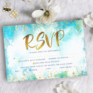 Bat Mitzvah gold foil turquoise watercolor entrée RSVP Card