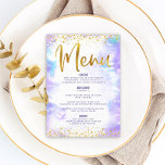 Bat Mitzvah Gold Glitter Foil Purple Watercolor  Menu<br><div class="desc">Be proud, rejoice and showcase this milestone of your favourite Bat Mitzvah with a celebration to be proud of! Tempt your guests with this stunning, modern, party meal menu, featuring sparkly gold faux foil and glitter dots and typography script against a soft purple watercolor background. Her name, date of event,...</div>