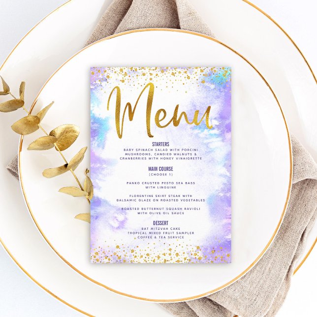 Bat Mitzvah Gold Glitter Foil Purple Watercolor  Menu (Creator Uploaded)