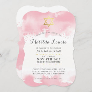 BAT MITZVAH gold pretty pink watercolor invite