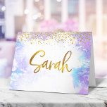 Bat Mitzvah Gold Purple Watercolor Sarah Blank<br><div class="desc">Make sure your favourite Bat Mitzvah shows her appreciation to all who supported her milestone event! Send out this stunning, modern, personalised thank you note. Sparkly faux gold foil handwritten script and tiny glitter dots overlay a light purple watercolor background. Blank inside for your handwritten note. Guaranteed to add a...</div>