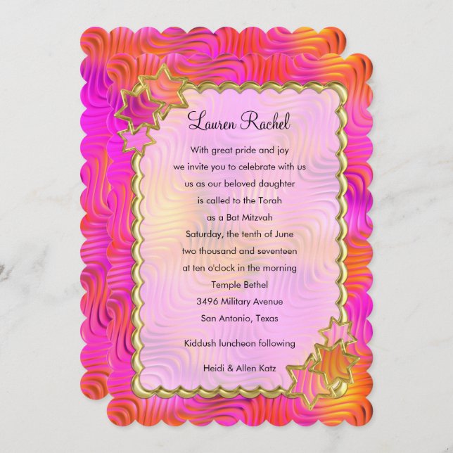Bat Mitzvah "Gold" Scalloped Frame Design 6 Invitation (Front/Back)