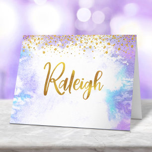 Bat Mitzvah Gold Script Purple Custom Name Raleigh Thank You Card