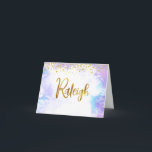 Bat Mitzvah Gold Script Purple Custom Name Raleigh Thank You Card<br><div class="desc">Make sure your favourite Bat Mitzvah shows her appreciation to all who supported her milestone event! Send out this stunning, modern, personalised thank you note. Sparkly faux gold foil handwritten script and tiny glitter dots overlay a light purple watercolor background. Guaranteed to add a stylish touch to her correspondence! Matching...</div>