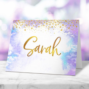 Bat Mitzvah Gold Script Purple Watercolor Sarah Thank You Card