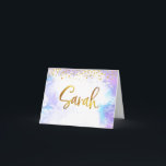 Bat Mitzvah Gold Script Purple Watercolor Sarah Thank You Card<br><div class="desc">Make sure your favourite Bat Mitzvah shows her appreciation to all who supported her milestone event! Send out this stunning, modern, personalised thank you note. Sparkly faux gold foil handwritten script and tiny glitter dots overlay a light purple watercolor background. Add a personalised note on the inside, either by modifying...</div>