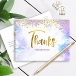Bat Mitzvah Gold Script Purple Watercolor Thanks Postcard<br><div class="desc">Make sure your favourite Bat Mitzvah shows her appreciation to all who supported her milestone event! Send out this stunning, modern, sparkly gold faux foil handwritten script and tiny dots overlaying a light purple watercolor background, personalised thank you postcard. On the front, personalise with your Bat Mitzvah’s name. Add a...</div>