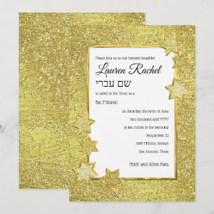 Bat Mitzvah Gold Star Frame on Gold Glitter Invitation