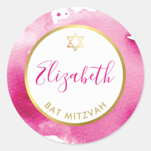 BAT MITZVAH gold star smart dark pink watercolor Classic Round Sticker