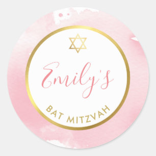 BAT MITZVAH gold star smart pale pink watercolor Classic Round Sticker