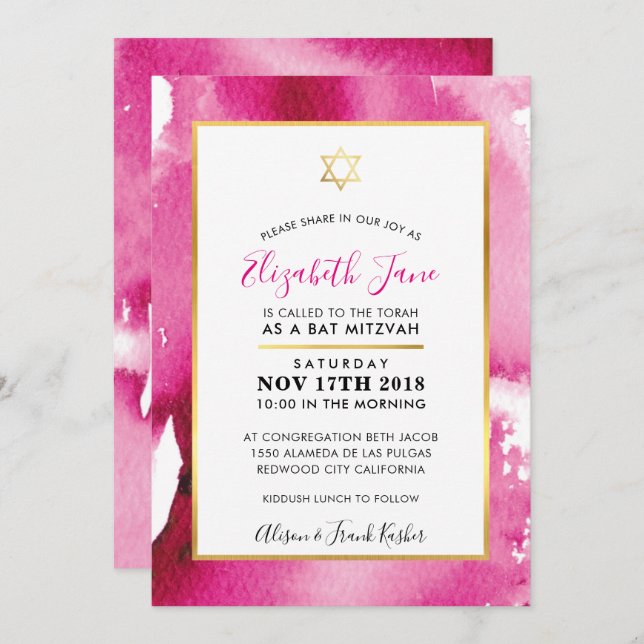 BAT MITZVAH gold star smart pink watercolor invite (Front/Back)