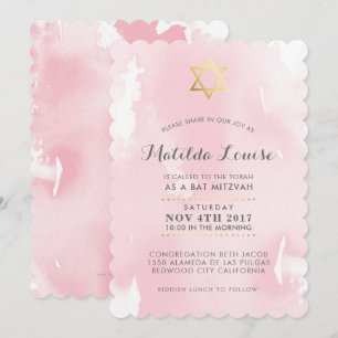 BAT MITZVAH gold stylish pink watercolor invite
