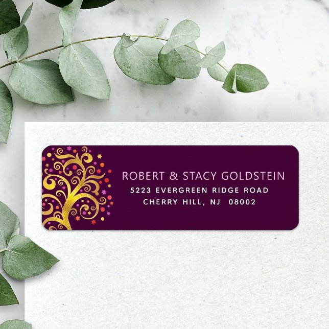 Bat Mitzvah Gold Tree Life Burgundy Return Address (Creator Uploaded)