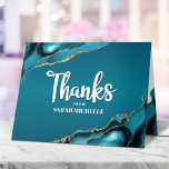 Bat Mitzvah Gold Turquoise Ombre Agate Bold Script Thank You Card<br><div class="desc">Make sure your favourite Bat Mitzvah shows his appreciation to all who supported her milestone event! Send out this cool, unique, modern, personalised thank you card. White handwritten script and bold sans serif typography overlay a deep teal blue ombre background with turquoise blue agate accented with faux gold veins. Additional...</div>