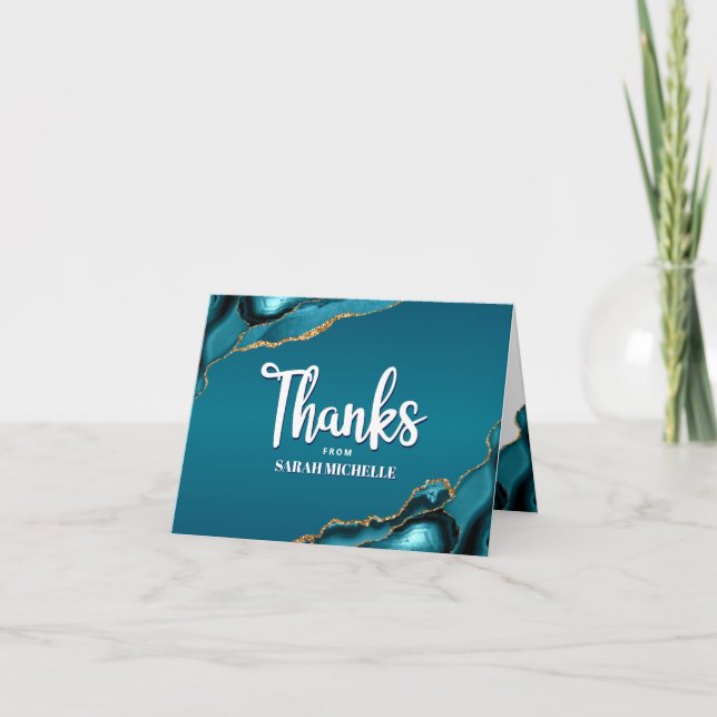 Bat Mitzvah Gold Turquoise Ombre Agate Bold Script Thank You Card (Front)