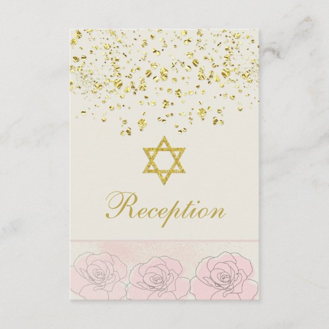 Bat Mitzvah golden confetti, roses Reception Card (Front)