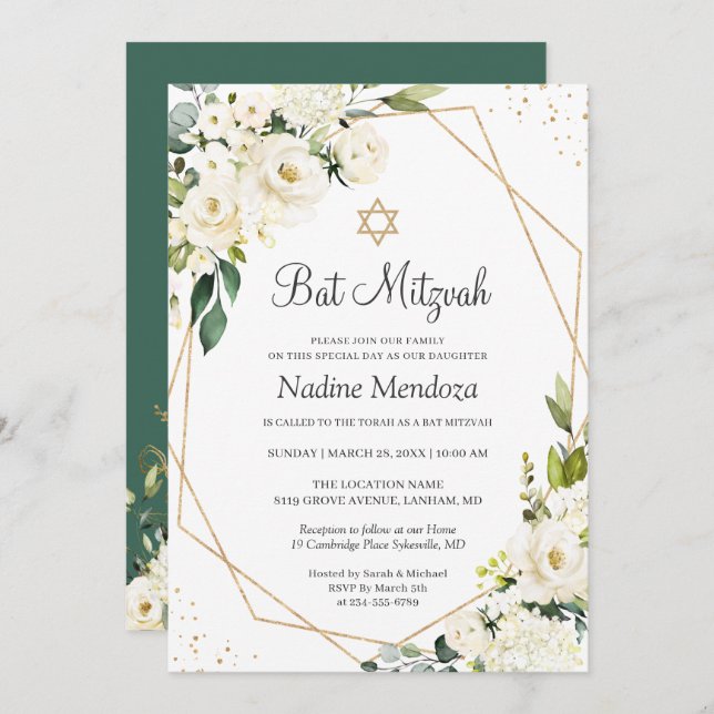 Bat Mitzvah | Greenery White Rose Floral Geometric Invitation (Front/Back)