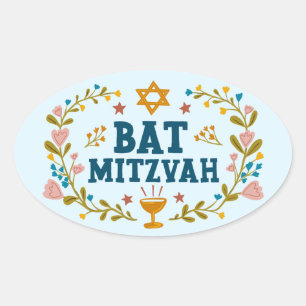 BAT MITZVAH Hand-drawn floral Jewish Customisable  Oval Sticker