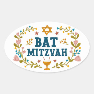 BAT MITZVAH Hand-drawn floral Jewish Customisable  Oval Sticker