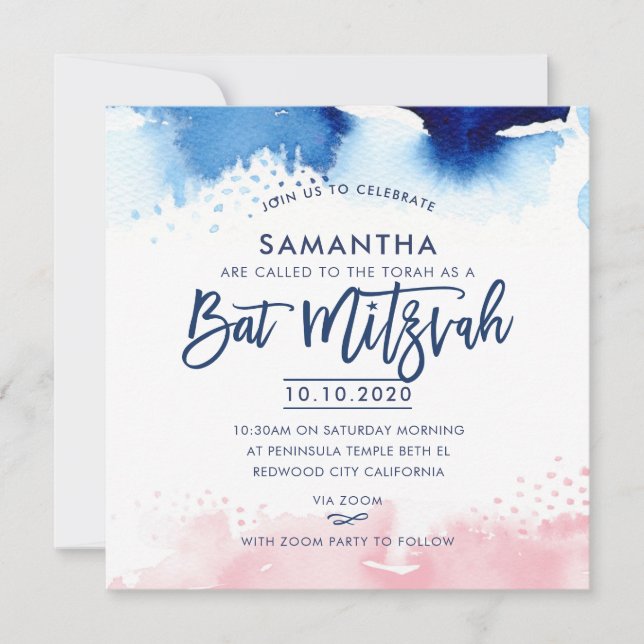 BAT MITZVAH hand lettered blue & pink watercolor Invitation (Front)