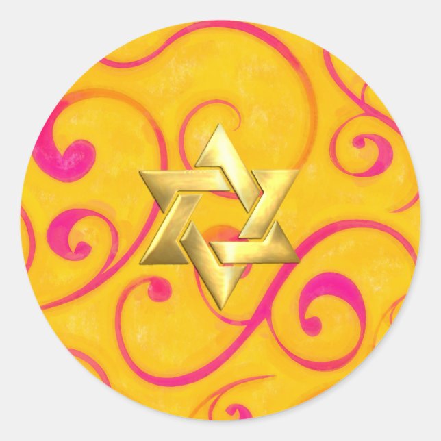 Bat Mitzvah Hot Pink and Yellow Design Classic Round Sticker (Front)